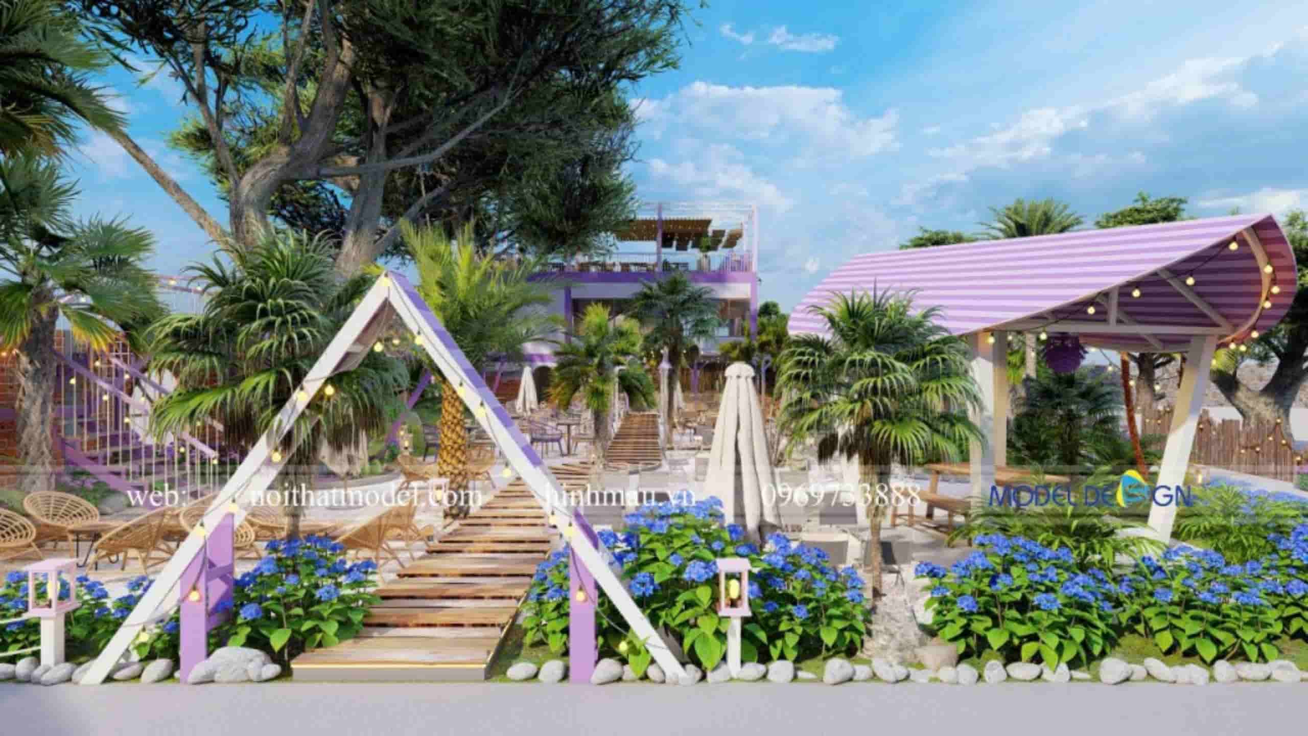 Quán trà sữa phong cách nhiệt đới với nhiều cây xanh